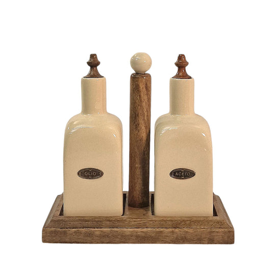 Geko Products ceramic oil and vinegar bottle set with wooden stand and beige bottles