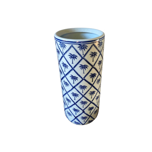 Geko Products ceramic palm tree umbrella stand with blue palm tree pattern on white background