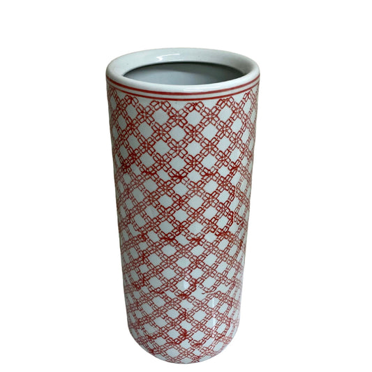 Red and white umbrella stand with geometric pattern by Geko Products, tall ceramic design