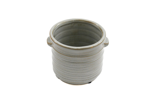 Geko Products ceramic ribbed planter in gray with two small handles and textured surface