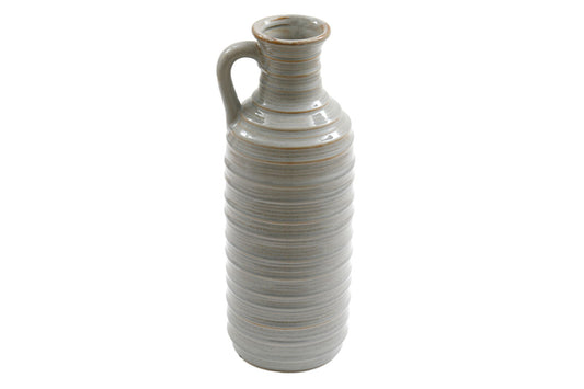 Geko Products ceramic ribbed vase with handle in a tall, narrow design featuring gray and beige tones