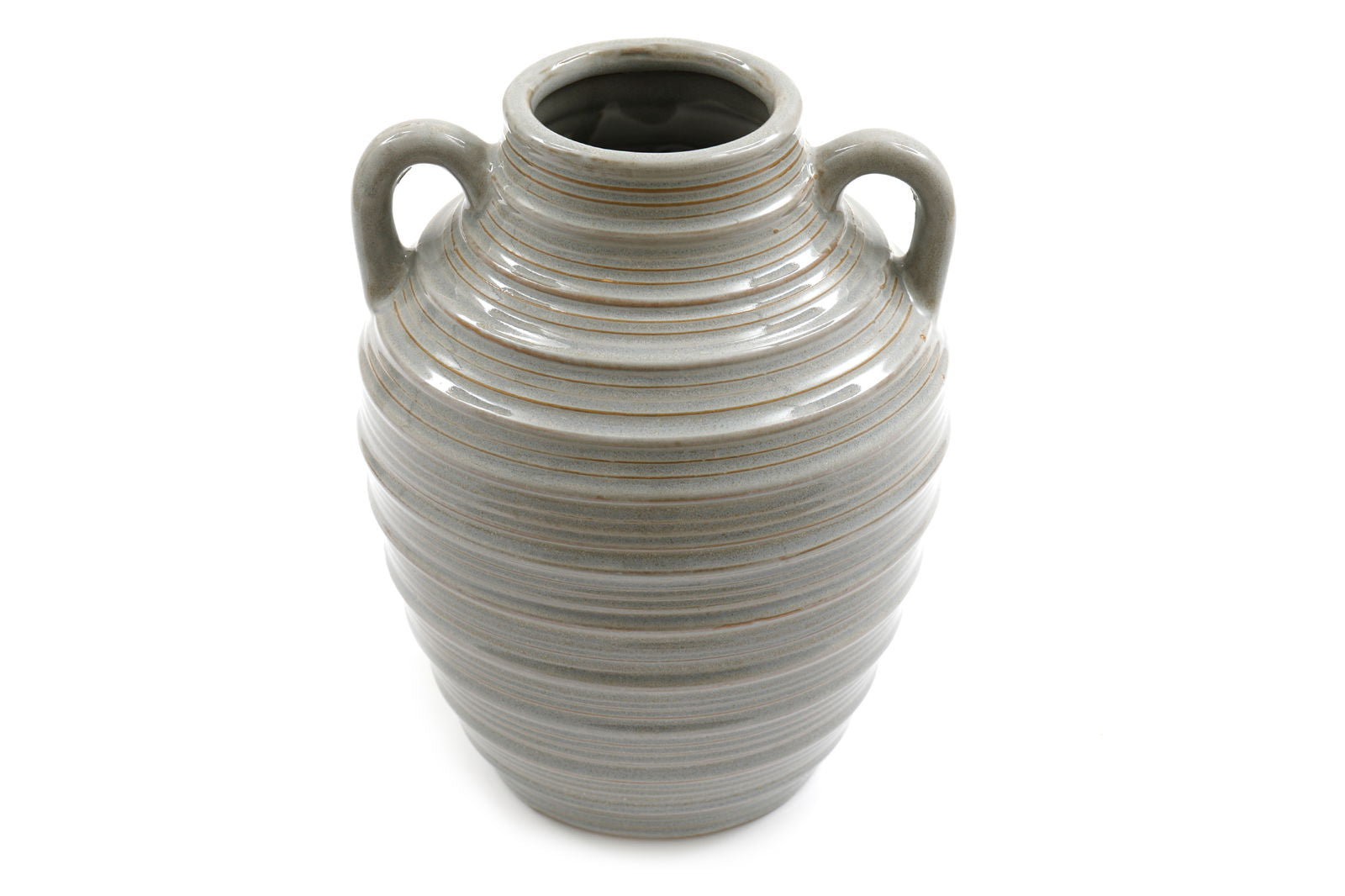 Geko Products ceramic ribbed vase with handles in gray with smooth rounded design