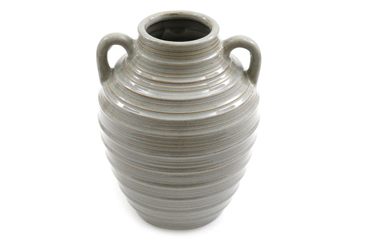 Geko Products ceramic ribbed vase with handles in gray with smooth rounded design