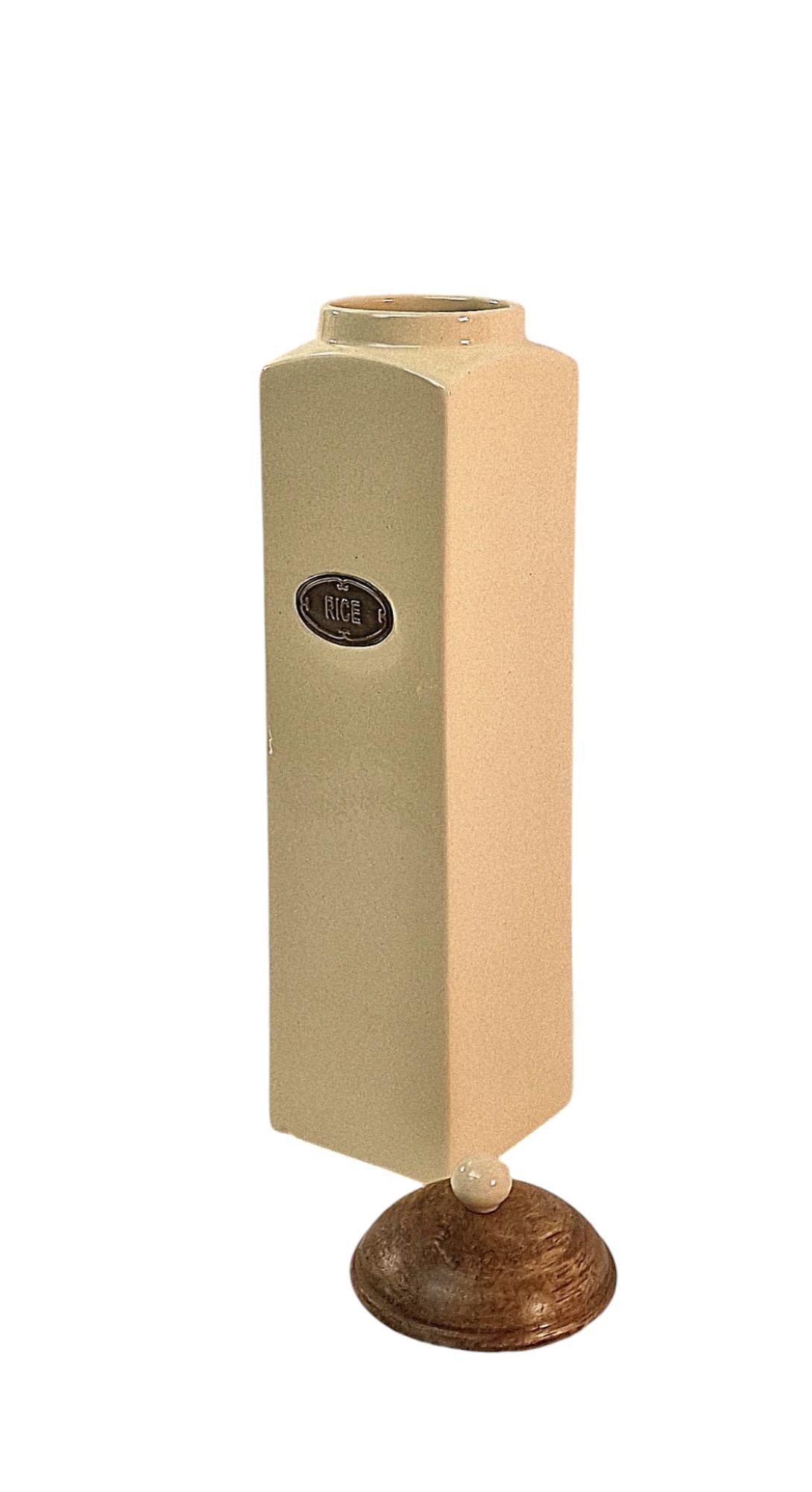 Tall beige ceramic rice jar with mango wood lid by Geko Products for kitchen storage