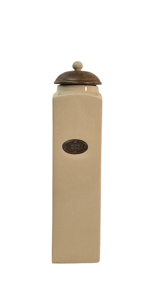 Geko Products ceramic rice jar with mango wood lid in beige with rice label on front