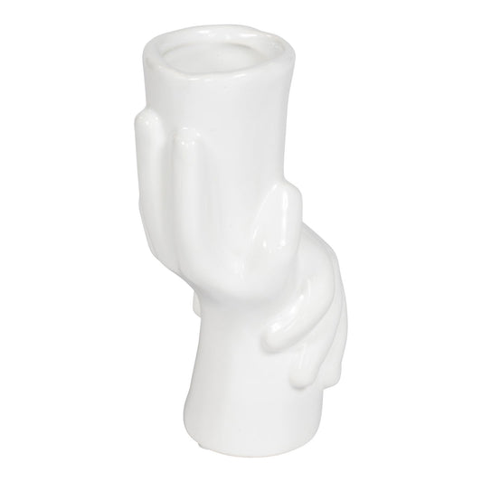 White ceramic small hand-shaped vase with smooth glossy finish by Geko Products