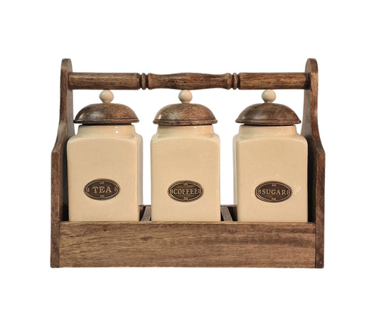 Geko Products ceramic tea coffee sugar jars with wooden lids and rack for kitchen storage