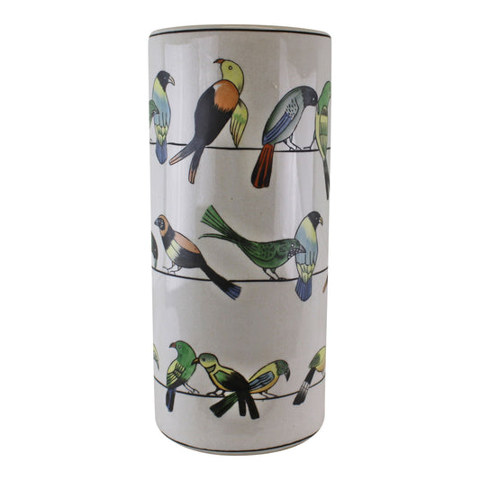 Ceramic umbrella stand birds design with colorful bird illustrations on white background by Geko Products