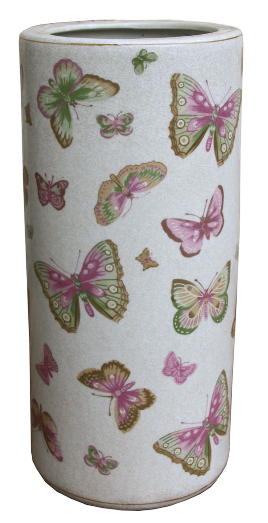 Geko Products ceramic umbrella stand butterfly design with colorful pink and green butterflies