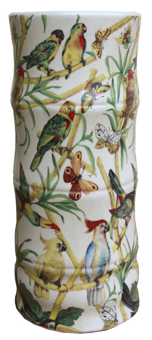 Ceramic umbrella stand tropical design featuring colorful birds and butterflies on white background