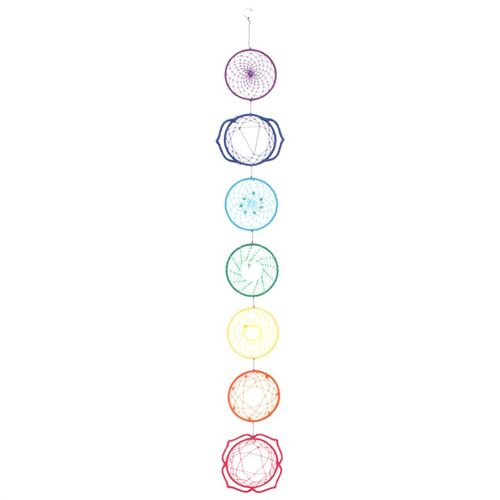 Chakra wall hanging decor featuring seven colorful dreamcatchers in a vertical arrangement