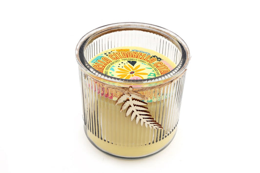 Geko Products citronella glass candle in ribbed clear glass jar with decorative leaf detail