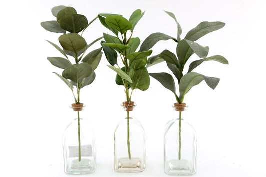 Geko Products artificial leaf vase set with three clear glass vases holding green artificial leaves