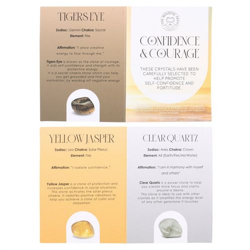 Confidence Healing Crystals Set featuring Tiger's Eye, Yellow Jasper, and Clear Quartz for courage and self-confidence