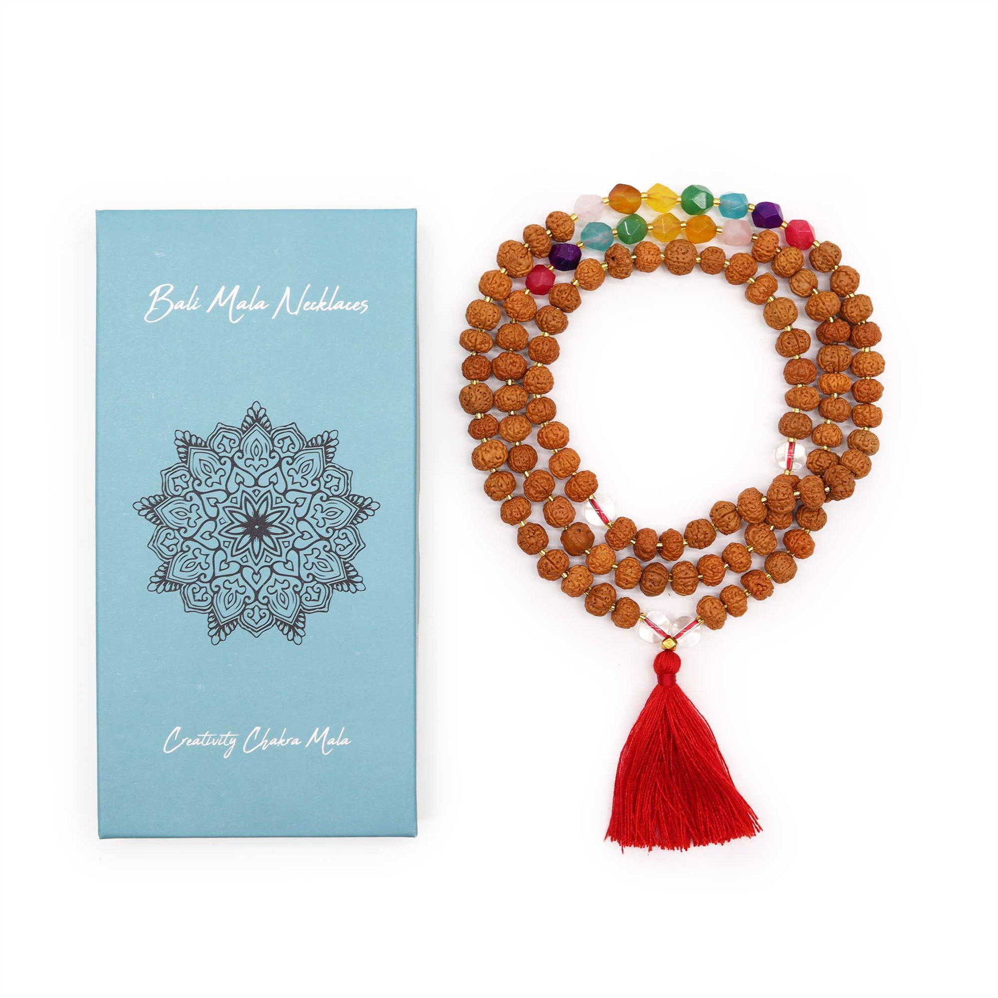 Chakra Mala Necklace featuring Creativity Chakra design with wooden beads and colorful accents