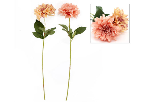 Two peach-colored dahlia flower stems for decoration with green leaves by Geko Products
