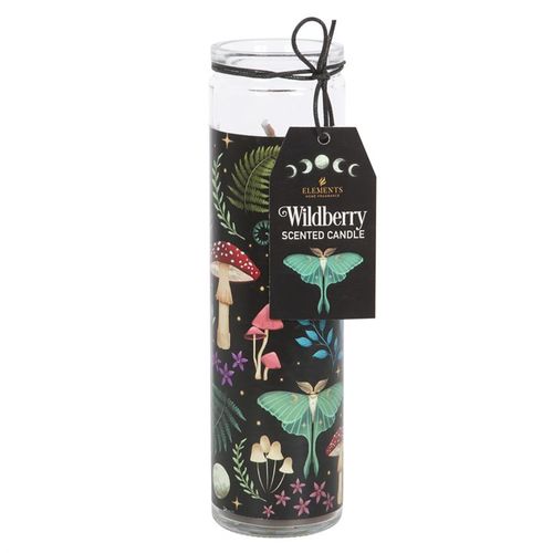 Dark Forest Wildberry candle in a decorative tube featuring vibrant plants and mushrooms for enchanting ambiance