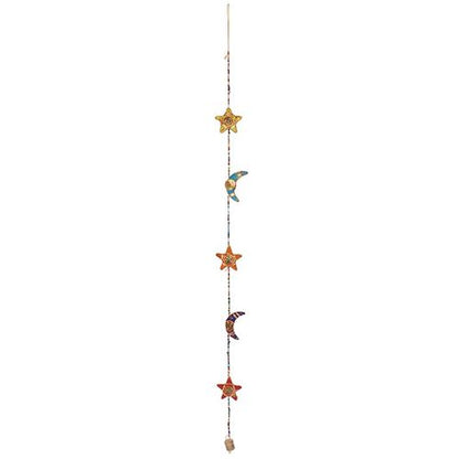 Hanging moon and star decor featuring colorful moons and stars with a charming bell for a whimsical touch