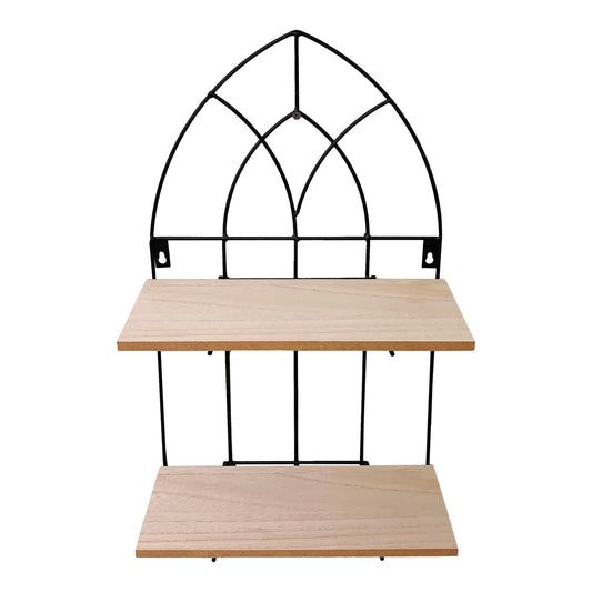 Geko Products black metal arch shelf with two wooden shelves and decorative arch design