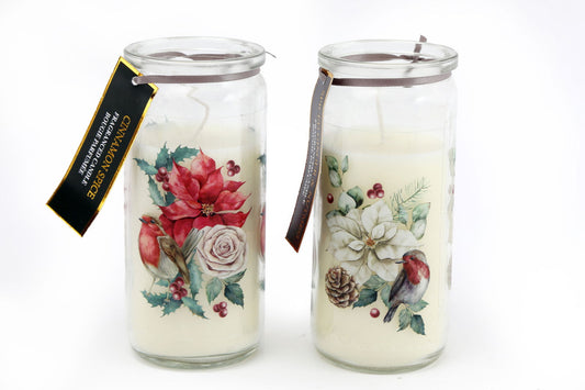 Geko Products decorative floral candles in glass jars with red and white floral designs and holiday accents