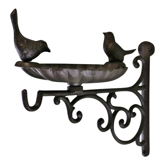 Geko Products hanging basket bracket with bird feeder featuring decorative bird figures and ornate metal design