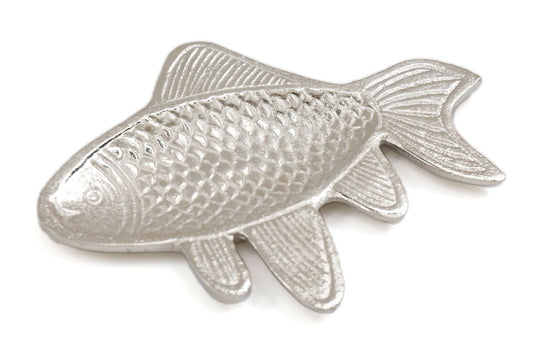 Silver fish shape tray by Geko Products with textured scale details and fin design