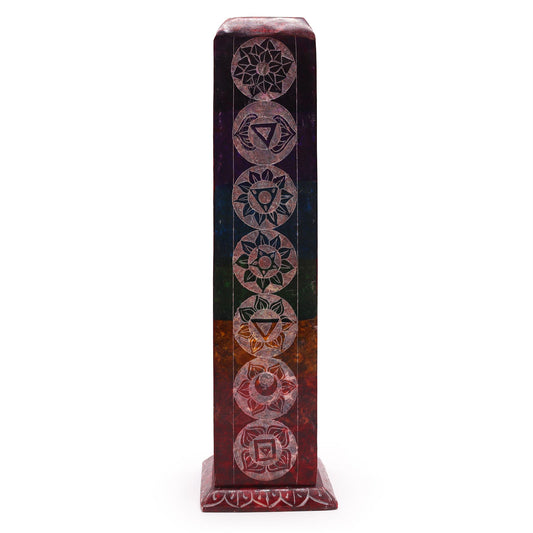 Decorative square soapstone incense tower representing the 7 chakras in vibrant colours