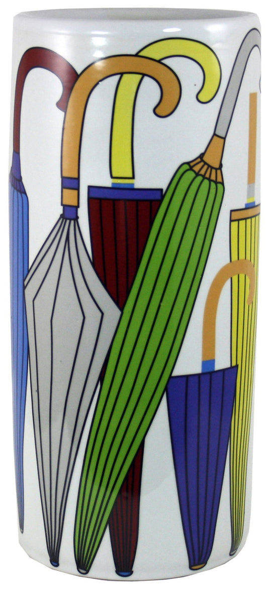 Geko Products decorative umbrella holder with colorful umbrella illustrations on a white cylindrical base