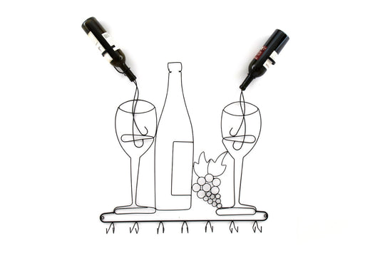 Geko Products wall mounted wine rack shaped like wine bottle and glasses with hooks for hanging