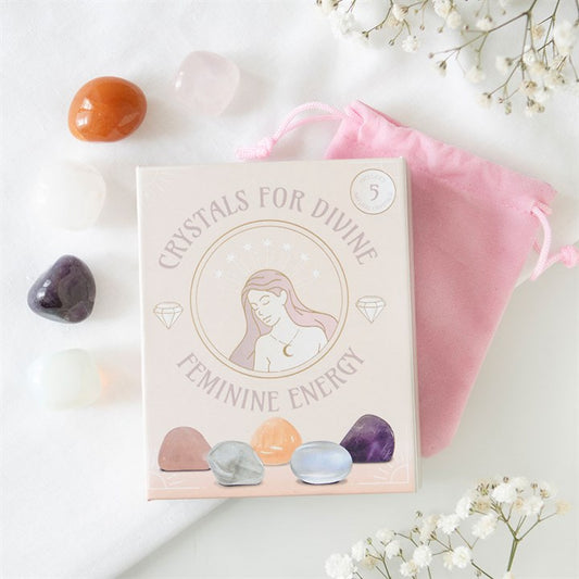 Set of 5 divine feminine crystals set in a box with various colorful healing stones for energy balance