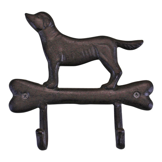 Dog design metal coat hooks featuring a standing dog on a bone-shaped base with two hooks