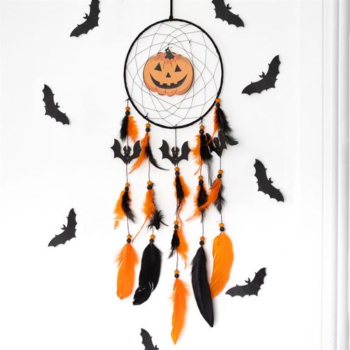 Pumpkin Halloween Dreamcatcher with black and orange feathers for festive home decor