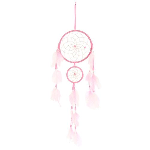 Light Pink Dreamcatcher with Tassels featuring two circular rings decorated with soft feathers