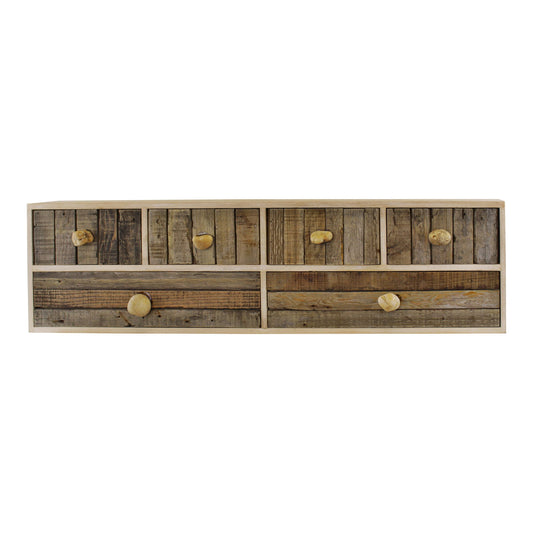Geko Products driftwood drawer unit with six rustic wooden drawers and natural round knobs