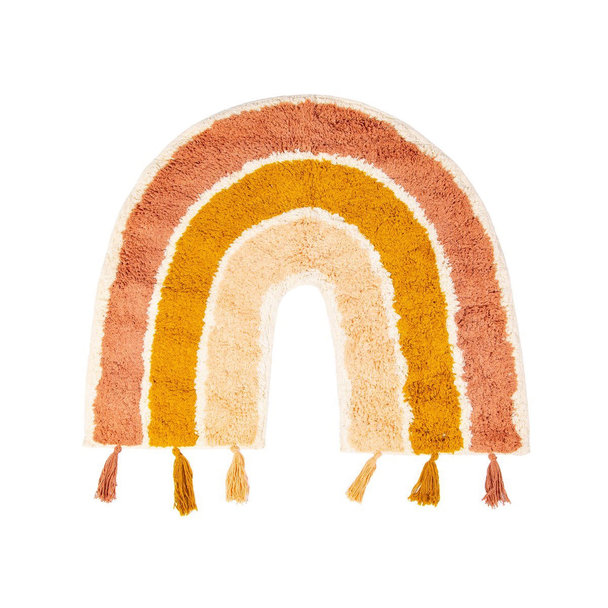Earth rainbow rug with tassels in warm tones of orange, yellow, and cream from Geko Products