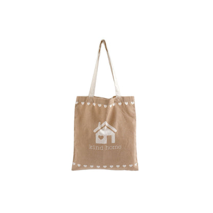 Geko Products eco-friendly tote bag with kind home design and heart border on natural fabric