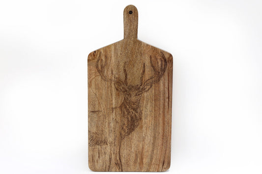 Engraved stag chopping board made of natural wood with handle by Geko Products