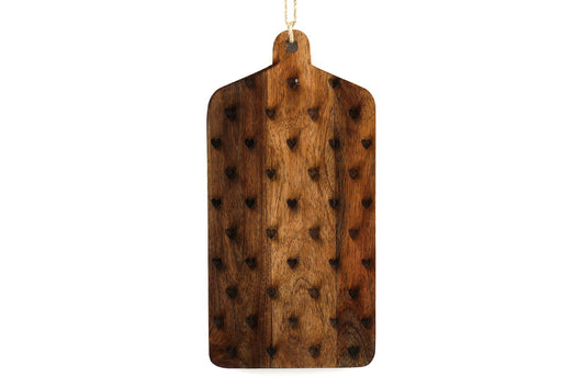 Geko Products engraved wooden cheese board with heart-shaped designs and hanging rope handle