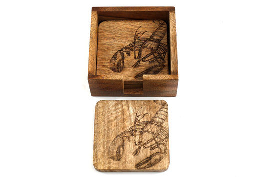 Engraved wooden coasters with lobster design in a square wooden holder by Geko Products