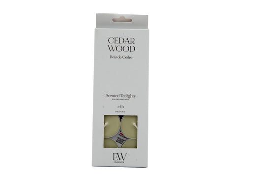 Geko Products Cedar Wood Tealights scented in white packaging with four tealight candles visible