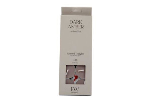 Geko Products dark amber tealight candles packaged in a white box with four scented candles inside