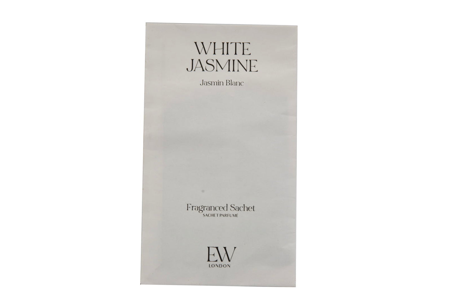 White jasmine sachet for drawers by Geko Products with minimalist white packaging and black text