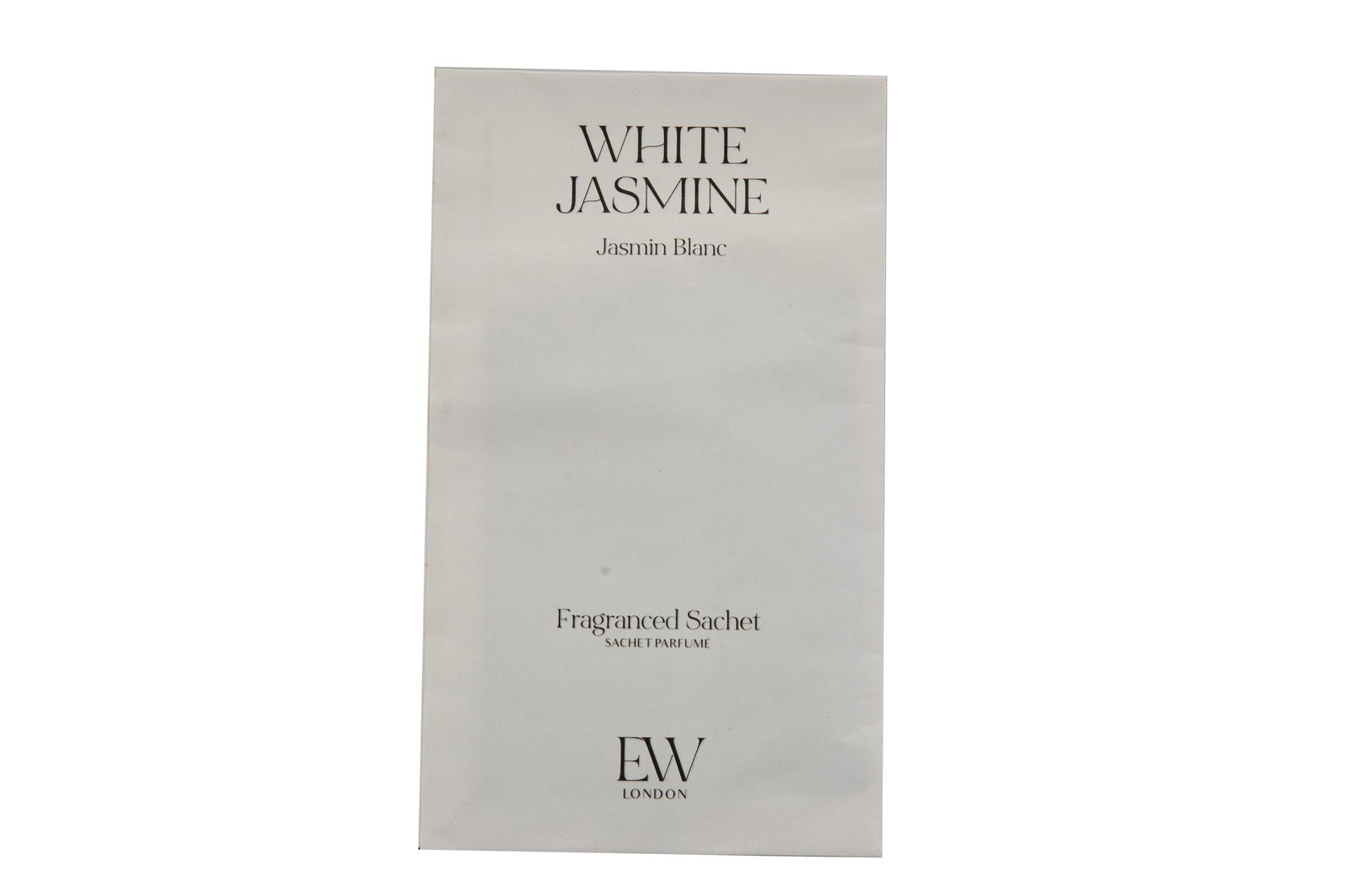White jasmine sachet for drawers by Geko Products with minimalist white packaging and black text
