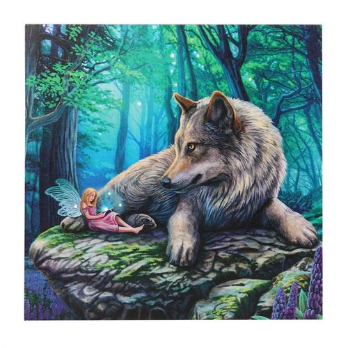 Fairy Light Up Canvas depicting a fairy beside a large wolf in a vibrant forest setting
