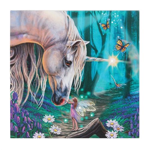 Fairy Whispers canvas featuring a magical scene with a unicorn and a fairy in a vibrant forest