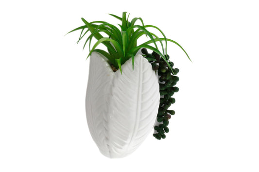 Geko Products white leaf-shaped wall planter with green faux succulents wall decor for indoor decoration