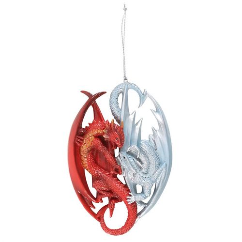 Fire and Ice Dragon hanging decor featuring a red and silver dragon entwined in an elegant design