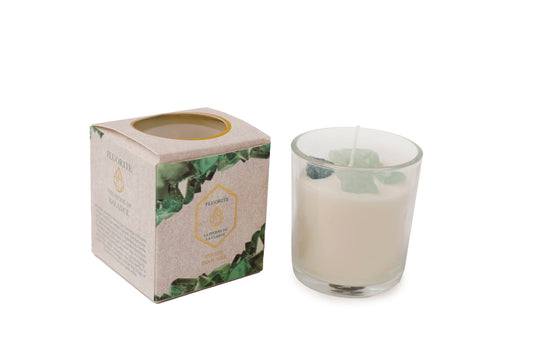 Geko Products fluorite candle glass holder with green fluorite stones inside a clear glass container next to packaging box