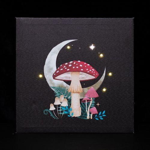 Forest mushroom canvas art featuring a colorful mushroom design illuminated by soft lights