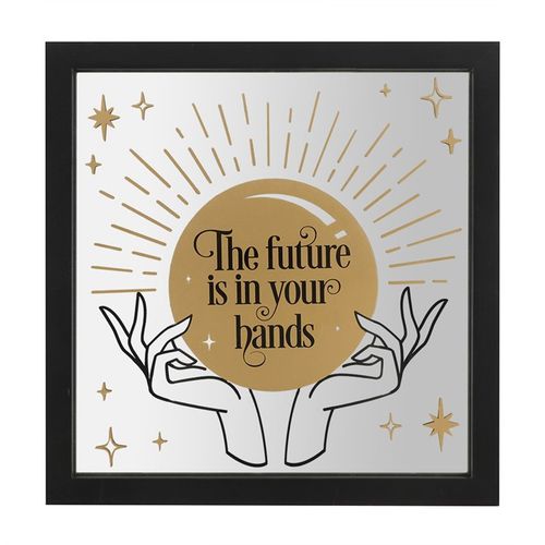 Fortune teller wall decor featuring a mirrored design with hands holding a crystal ball and inspirational text